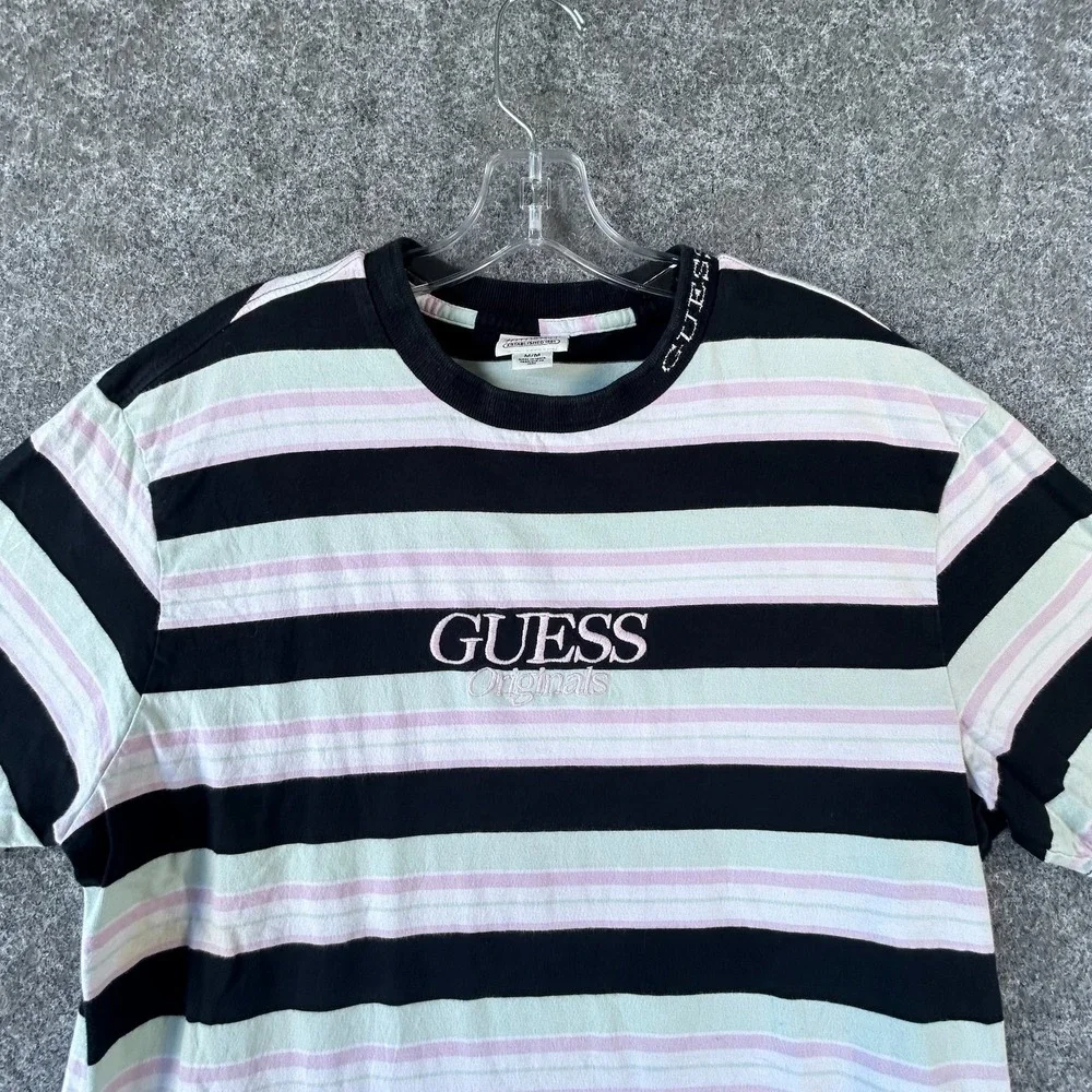 Guess Originals Crewneck T-Shirt Mens M White Black Striped Rogers Short Sleeve - Picture 4 of 16
